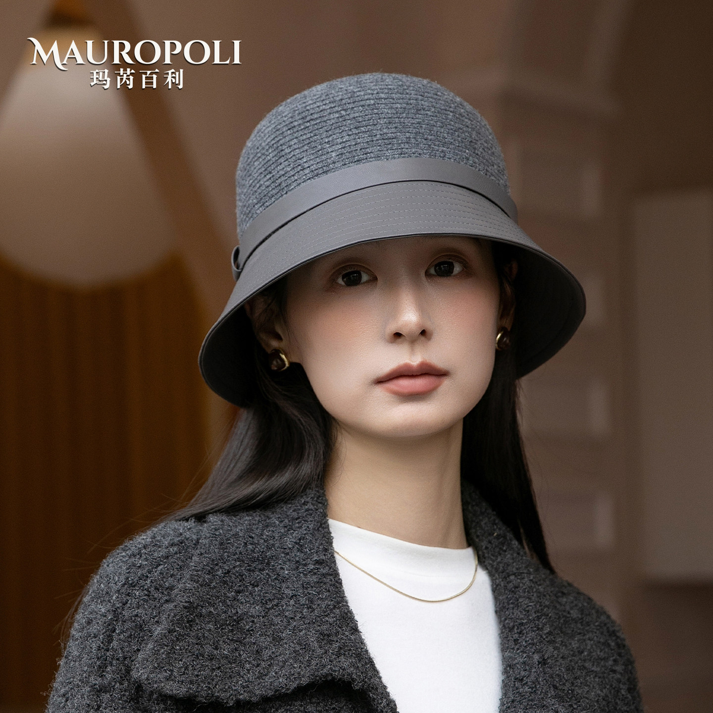 复古灰色羊毛渔夫帽女秋冬新款