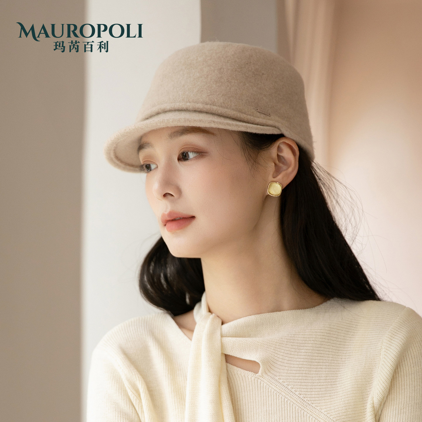 白色羊毛报童帽女英伦复古马术帽