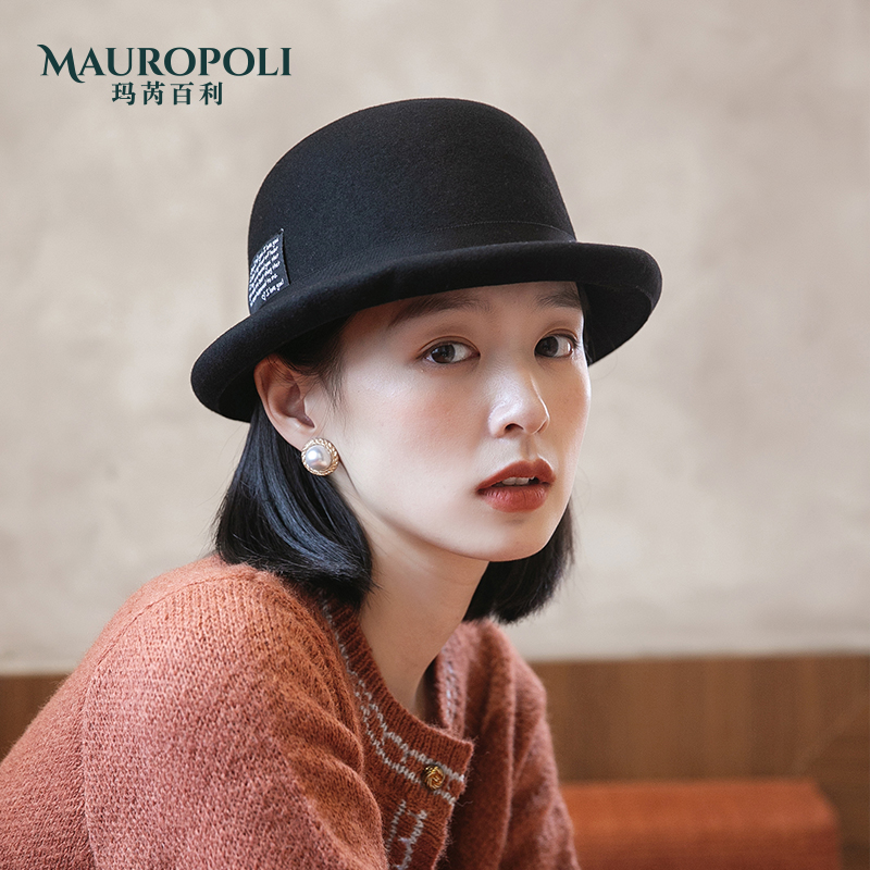 羊毛礼帽女秋冬优雅毛呢渔夫帽时尚毡帽女英伦复古法式卷边盆帽女