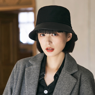 冬天渔夫帽女2024新款秋冬季黑色时尚百搭平顶盆帽女士复古鱼夫帽