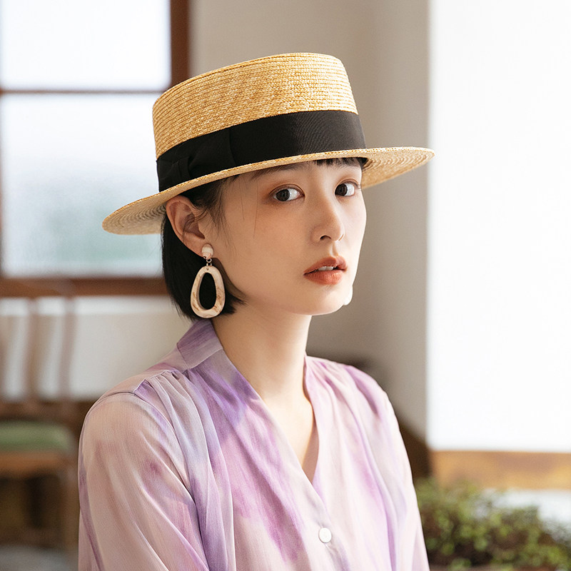 麦秆草帽女夏季平顶平檐海边日系
