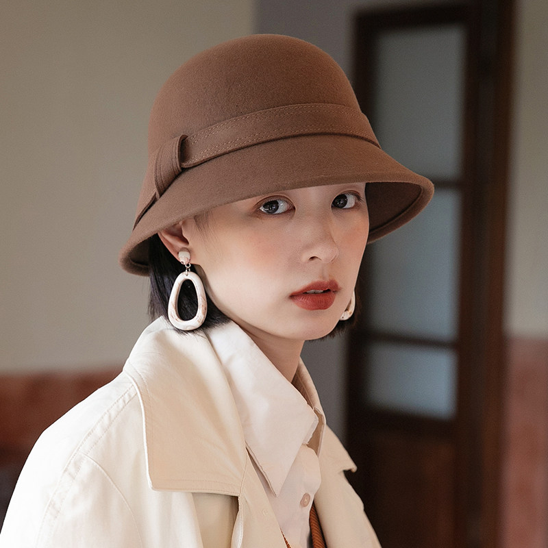 新款毡帽女秋冬羊毛礼帽法式百搭毛呢渔夫帽女士时尚帽子冬天盆帽