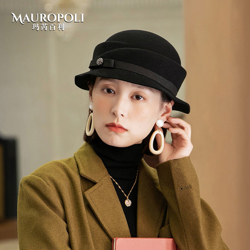 礼帽女秋冬黑色卷边千金羊毛毡帽