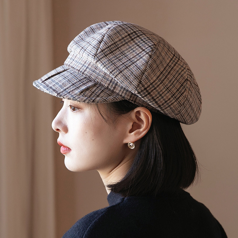 格纹八角帽女士日系百搭报童帽