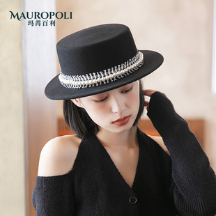 礼帽女秋冬保暖平檐帽英伦复古帽优雅毡帽名媛平顶帽羊毛帽子女款
