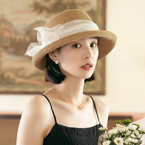 新款草帽夏季蕾丝遮阳帽法式防晒帽时尚卷边太阳帽女款赫本风帽子
