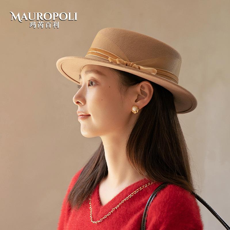 礼帽女士秋冬平顶羊毛复古平檐帽