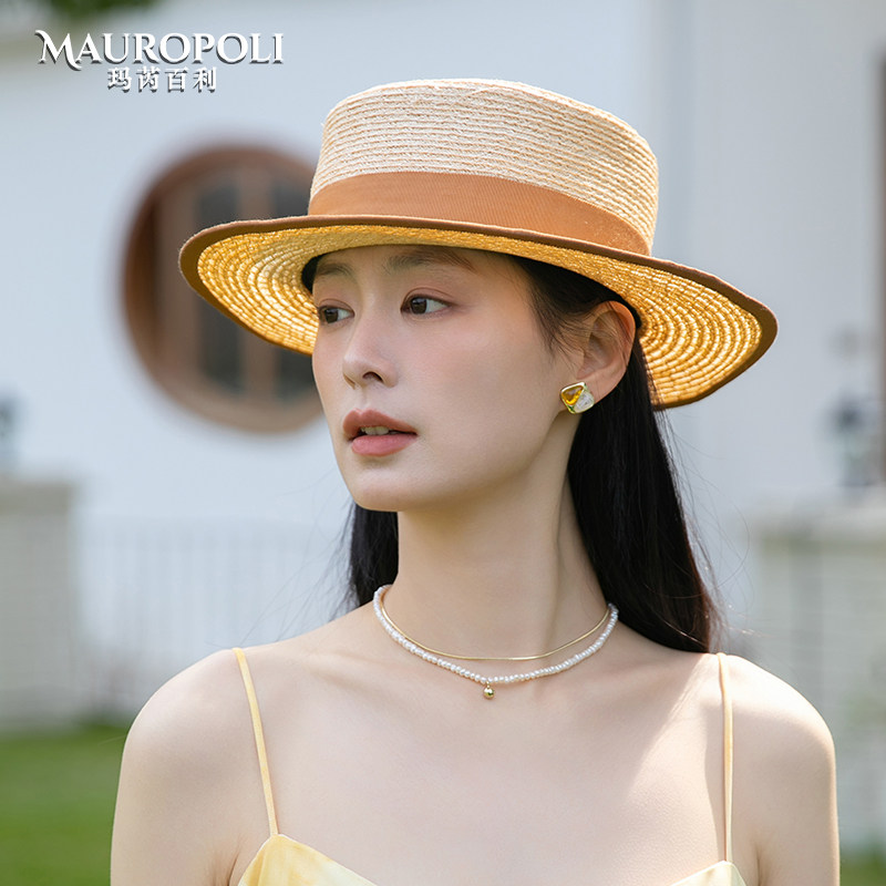 平顶F麻礼帽女夏季新款平檐草帽出游防晒遮阳帽时尚法式太阳帽女