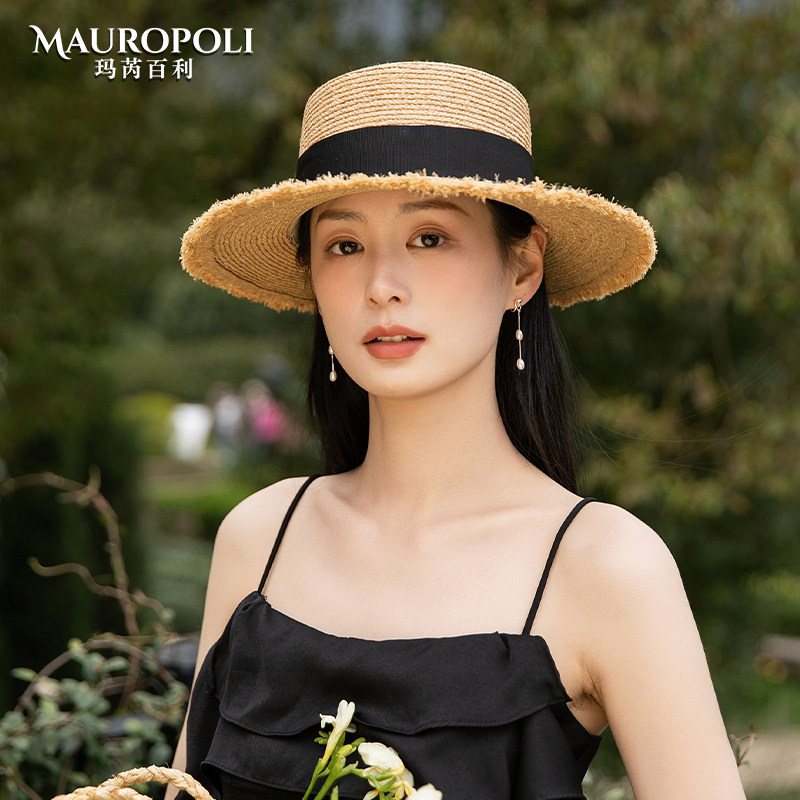 法式平檐草帽女夏季新款拉菲草毛边草编遮阳帽女款出游平顶防晒帽