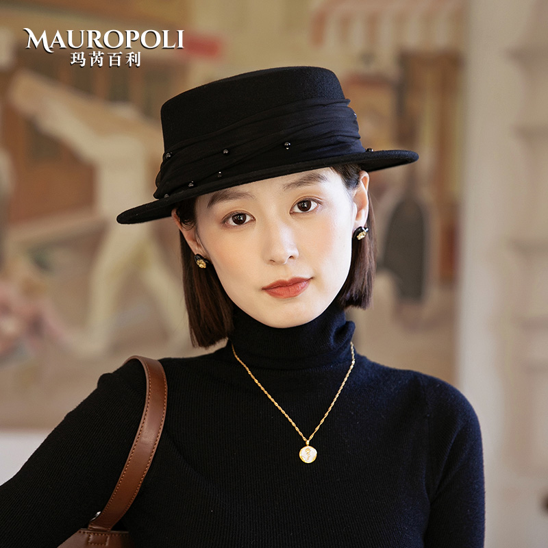 平顶羊毛礼帽女秋冬2025新款复古毛呢帽气质名媛风百搭显脸小平檐