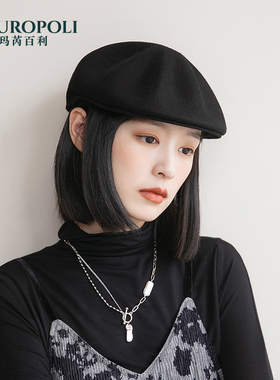 羊毛贝雷帽女秋冬黑色复古鸭舌帽时尚优雅前进帽百搭英伦毛呢礼帽