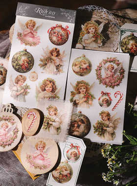 兔子家轻复古拼贴手帐素材布用转印纸刮刮乐贴纸圣诞天使Rub on