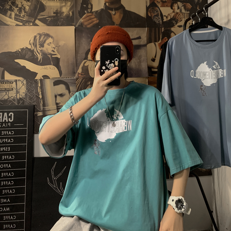 2021 men's creative new printed short sleeve loose casual T-shirt trend Hong Kong style top