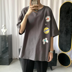 Short sleeve men's summer Hong Kong style casual loose top half sleeve round neck printed trendy T-shirt
