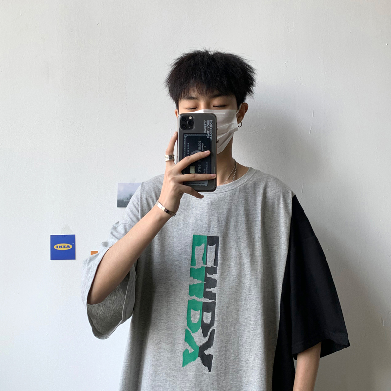 2021 short sleeve men's summer new splicing Hong Kong Style loose cotton Korean half sleeve base shirt