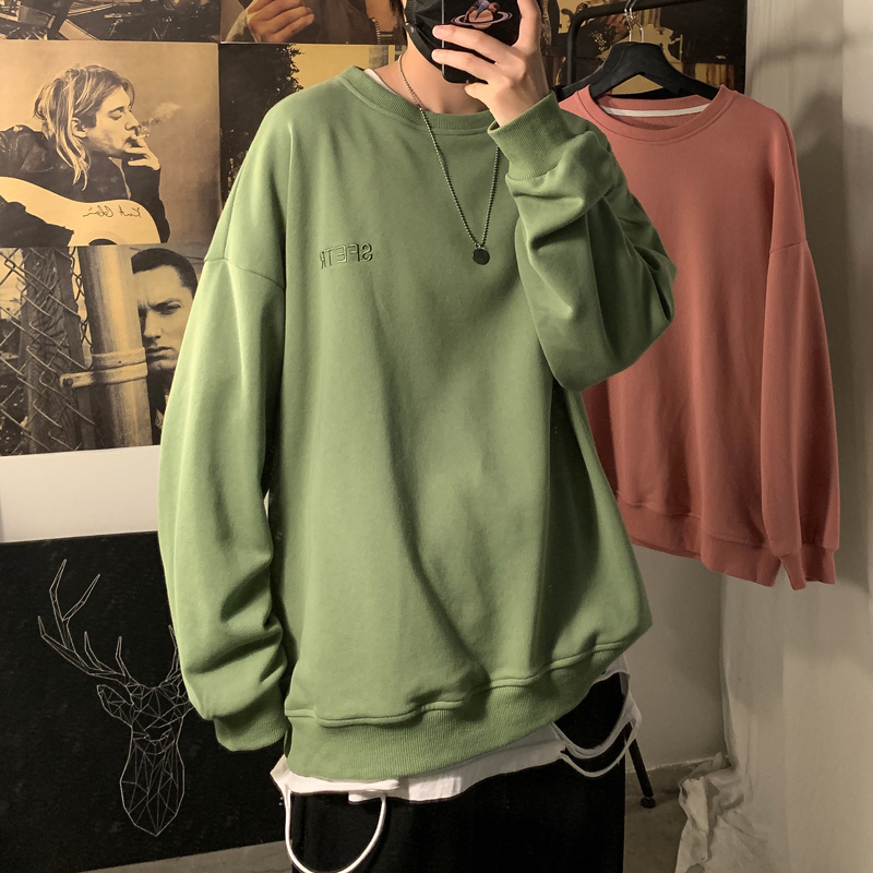 Men's autumn new round neck Pullover Sweater loose casual trend solid color embroidery top