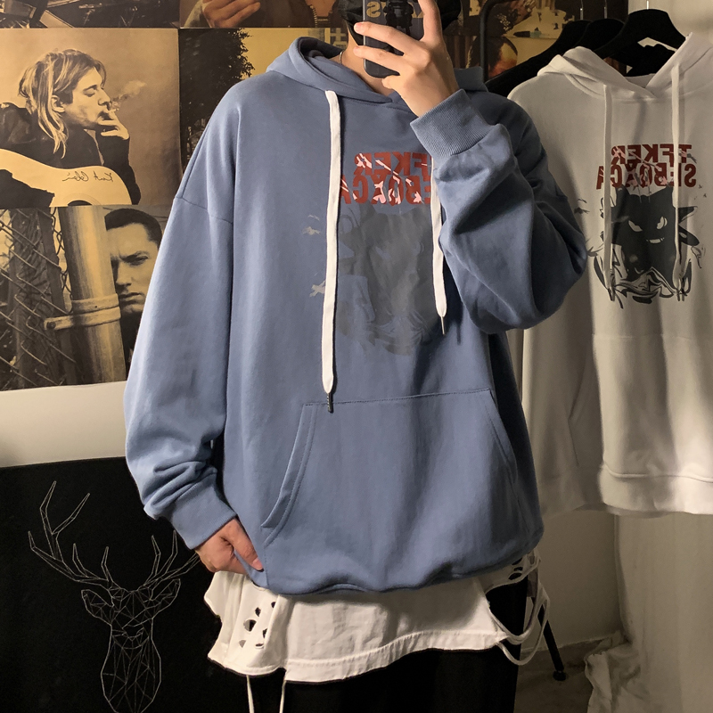 Hong Kong style trend Pullover Hooded casual sweater men's loose personalized printed top