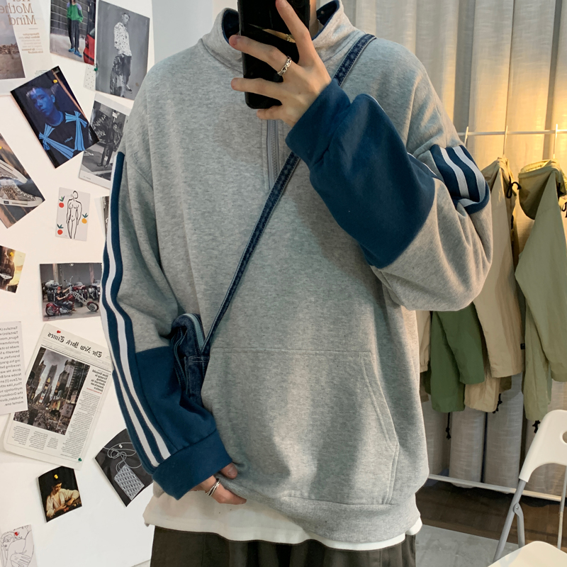 Hong Kong style spring and autumn sweater men's stand collar long sleeve contrast stitching large casual coat