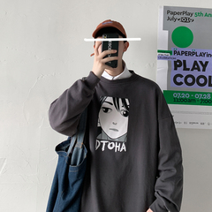 Hong Kong Style autumn men's sweater coat loose Pullover Top printed casual long sleeve crew neck