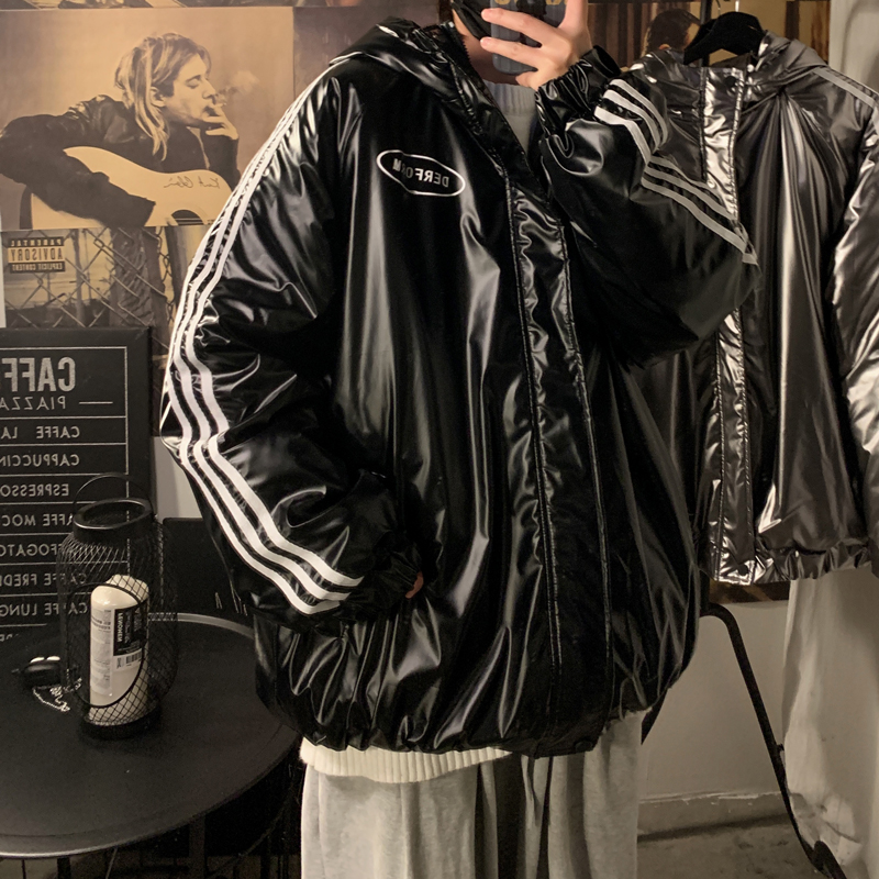 Men's bright cotton padded jacket winter hooded Hong Kong style warm cotton padded jacket