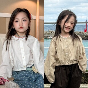 2026春款童装新款儿童春装韩版波点花边泡泡袖衬衫女童纯棉上衣