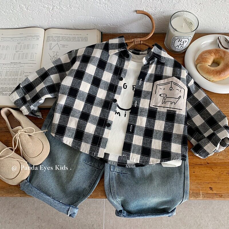 儿童装男童春装纯棉衬衫2026新款中小童春秋款男孩格子长袖衬衣潮