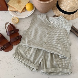 波拉bora韩国童装男童夏装2025套装韩版帅气条纹儿童背心T恤夏季