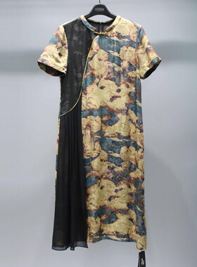 云山GS高端品牌专柜2988正品女装折扣复古纽扣拼接提花气质连衣裙