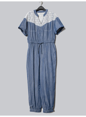 杰K北美设计师品牌D+专柜正品特卖夏时尚复古蕾丝拼接牛仔连体裤