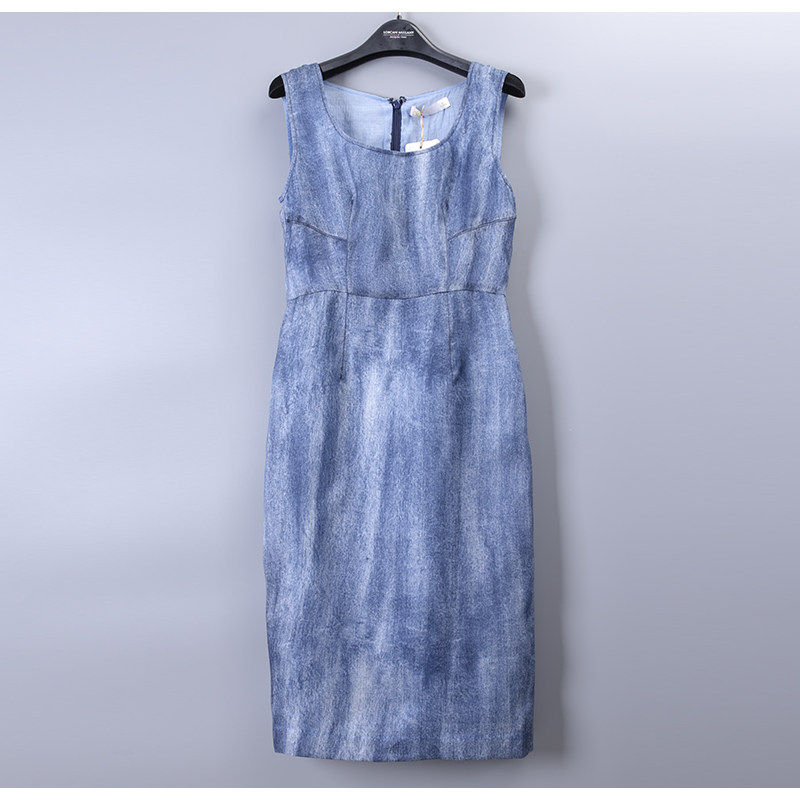 WSH*高端品牌女装专柜正品折扣特卖夏牛仔纹真丝绡印花背心连衣裙