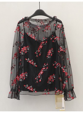 K高端大牌女装专柜正品3696折扣重工立体刺绣透视两件套衬衫夏