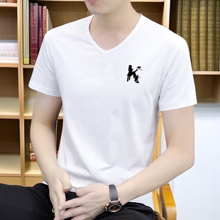 正品潮牌V领衫短袖男款上衣春夏纯棉打底T恤光版百搭白色汗衫速干