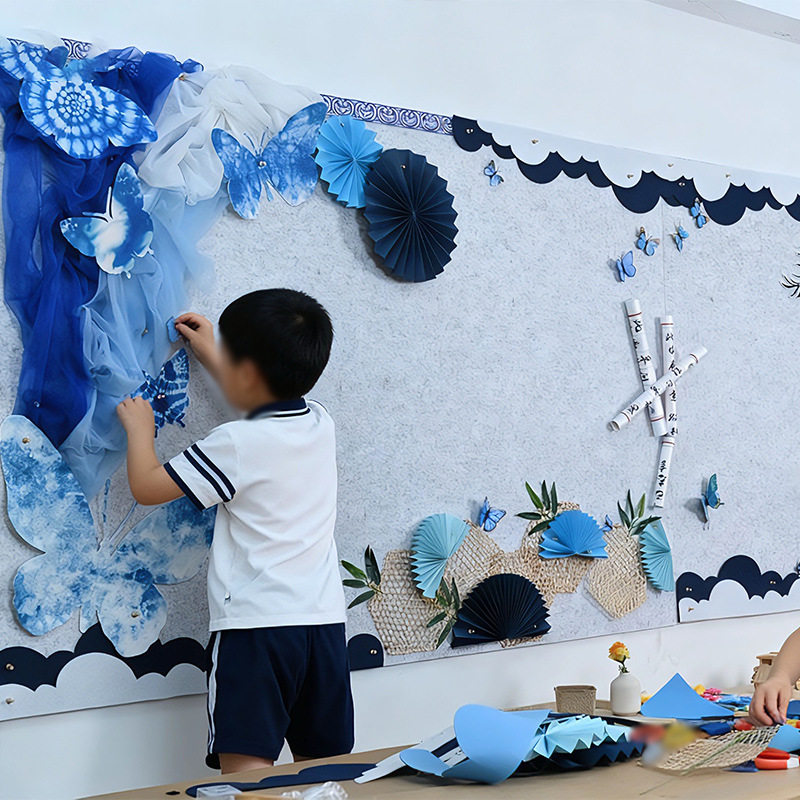 新中式国风青花瓷扎染主题墙水墨画小学开学黑板报教室环创墙贴