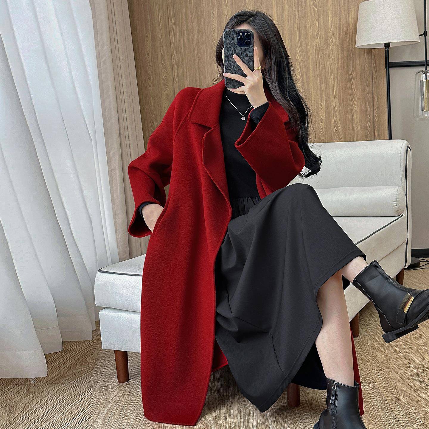 红色双面羊绒大衣女中长款秋冬高级感毛呢外套小个子双面呢风衣女