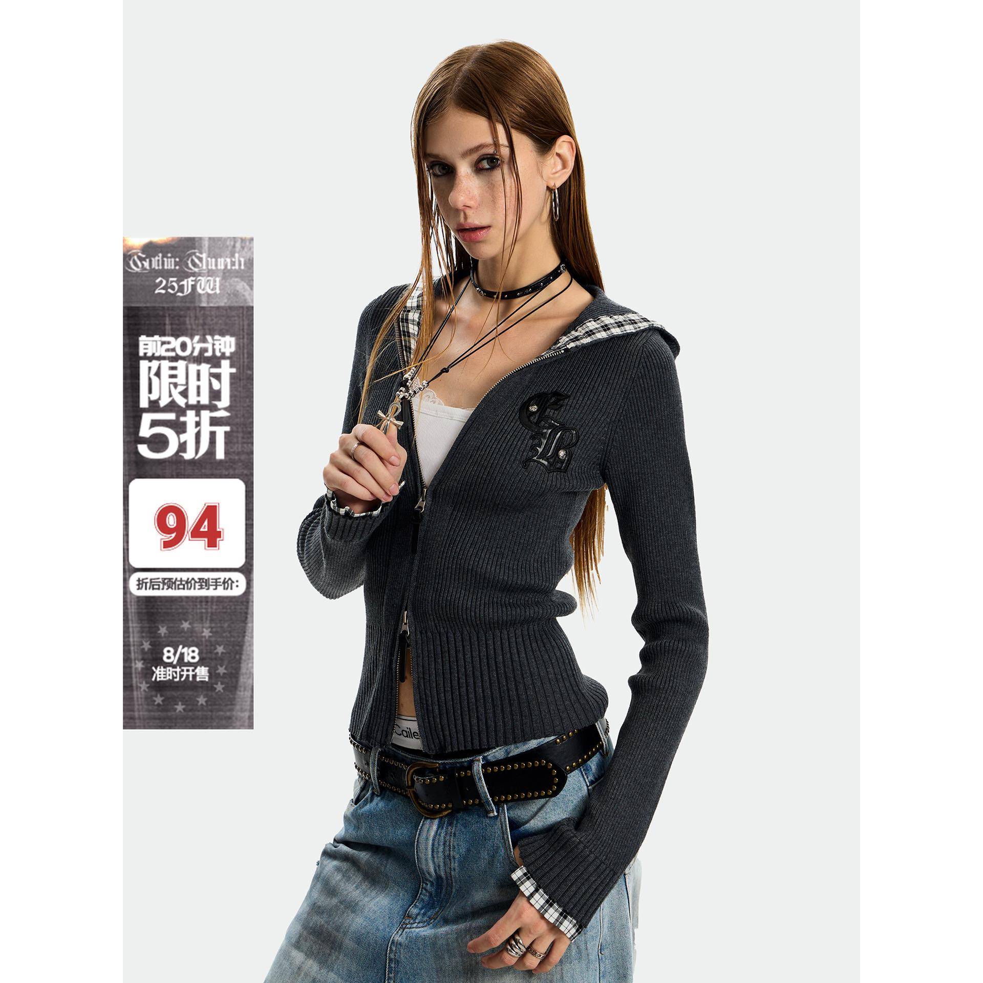 【前20分钟5折 8/18晚20点上新】0123start 格子拼接针织连帽毛衣