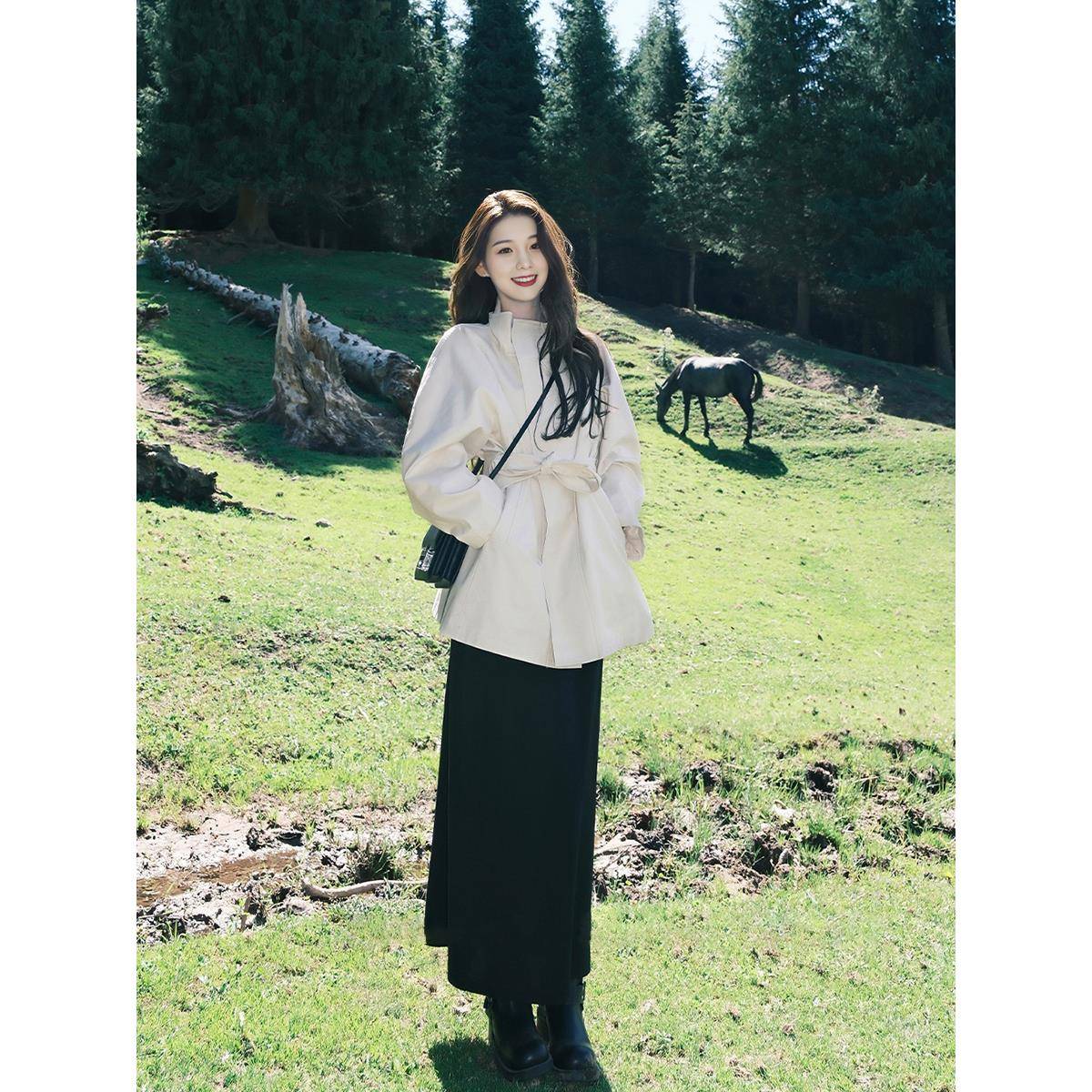 白色立领风衣外套女2025春秋季新款小个子高级感英伦风短款大衣