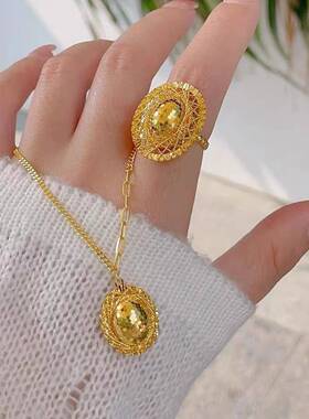 越25.8.07.南沙金椭圆爆奢鱼鳞鸽子蛋闪项链戒指套装高级感轻饰送