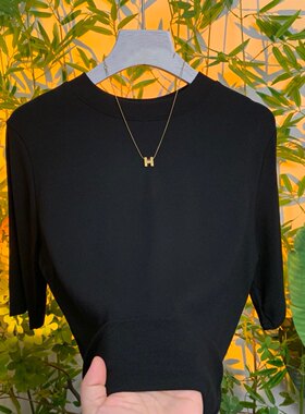 紫皇冠 圆领t恤女春秋装百搭上衣高级感修身内搭中袖五分袖短袖