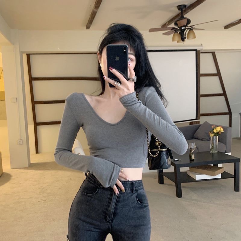 紫皇冠 大V领短款长袖t恤女打底衫瘦小个子穿搭时尚高腰露脐上衣