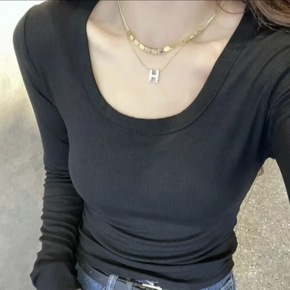 小个子u领正肩长袖T恤女春秋装辣妹风网红爆款修身高腰短款bm上衣