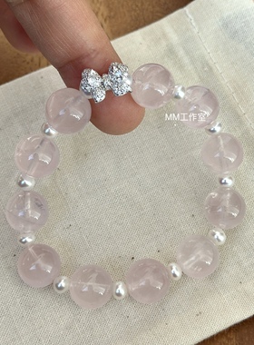 粉嘟嘟原创925银蝴蝶结10mm粉水晶手链轻奢小众精致闺蜜礼物女友
