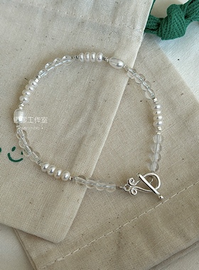 清新白水晶淡水珍珠原创手链OT扣通体纯银手串叠戴新款串珠