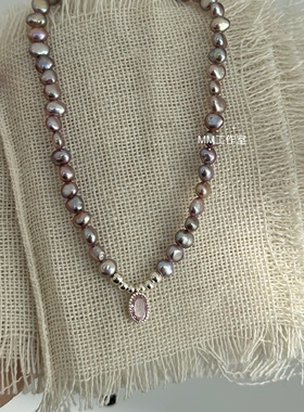 原创设计天然紫粉色极光真珍珠项链女锁骨链925银配件生日礼物