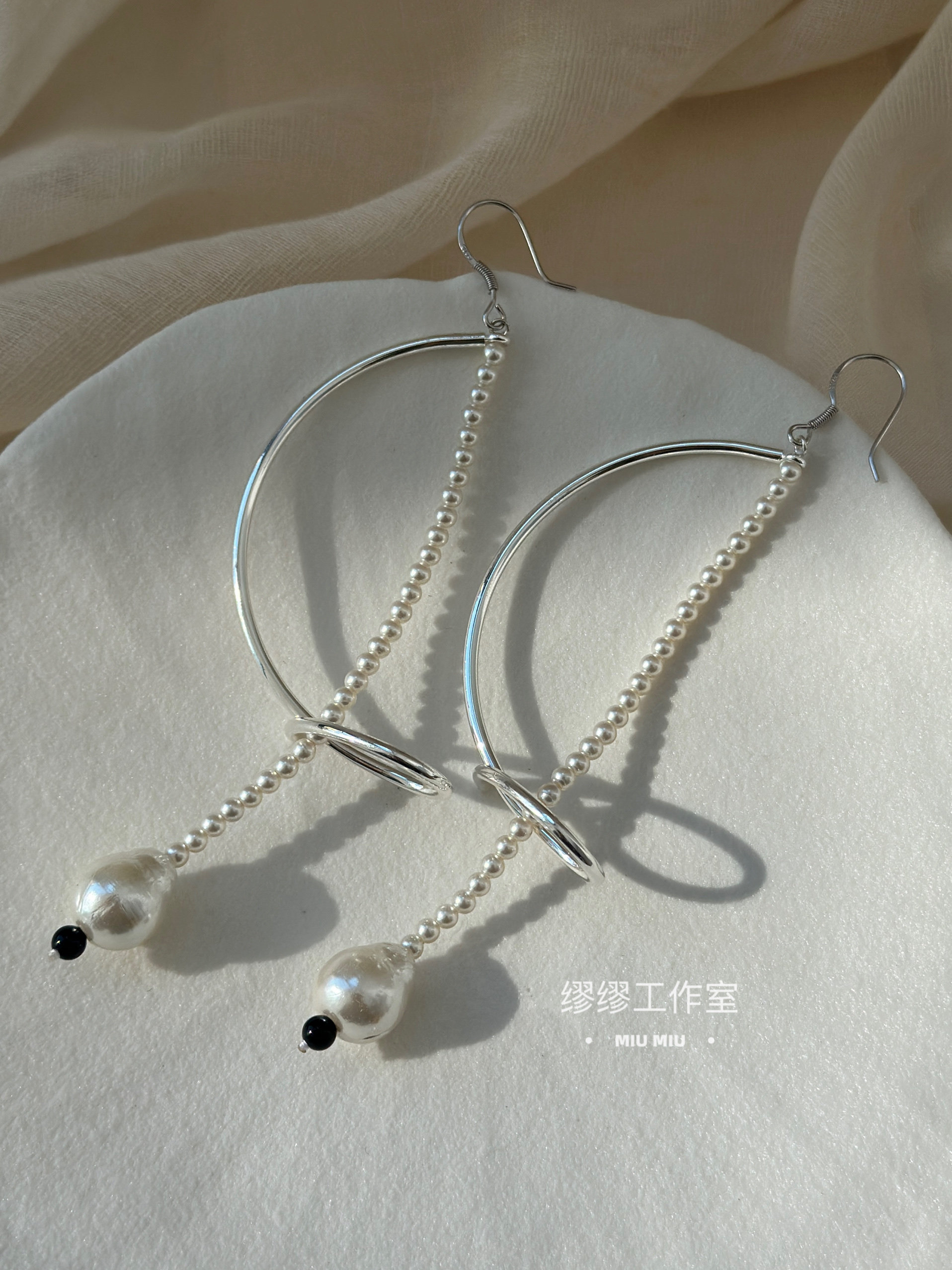 长款几何旋转珍珠流苏耳环纯银耳耳环