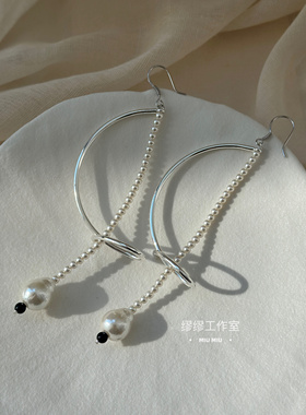 长款几何旋转珍珠流苏耳环纯银耳钉原创设计感小众大耳环度假海滩