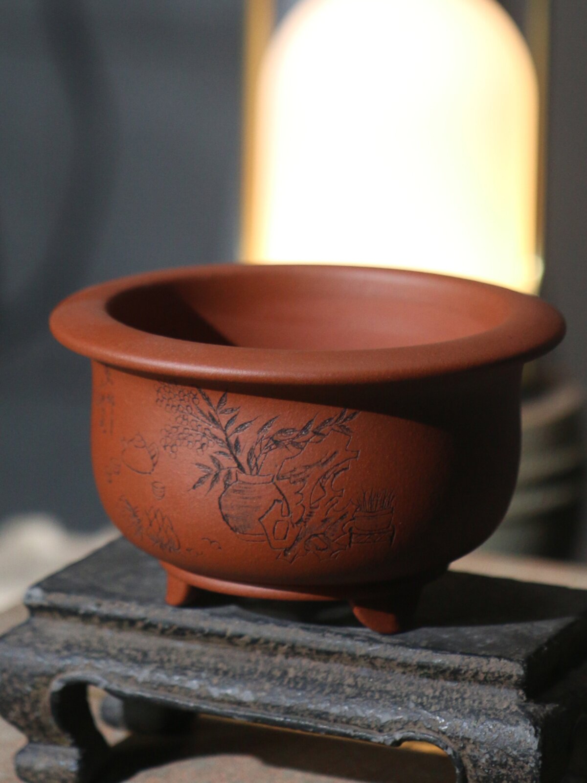 紫砂花盆唯珍刻绘清宫图古典红降坡泥手工精品小盆菖蒲盆桌面盆栽