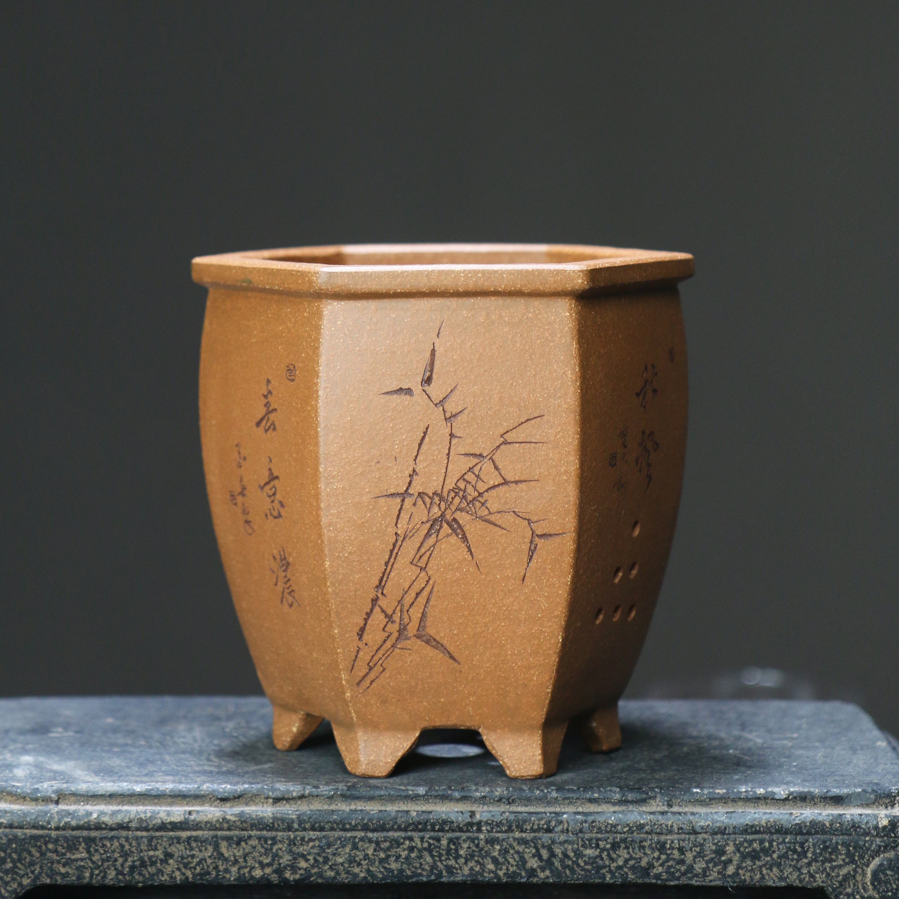 紫砂花盆六方形签筒兰花盆苏兵手工盆名家盆老桩盆古典桌面盆栽