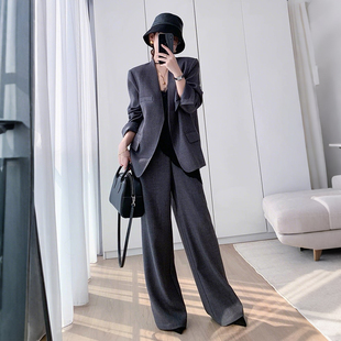 休假中秋季新款时尚个性套装韩版西服外套宽松阔腿裤两件套女促销