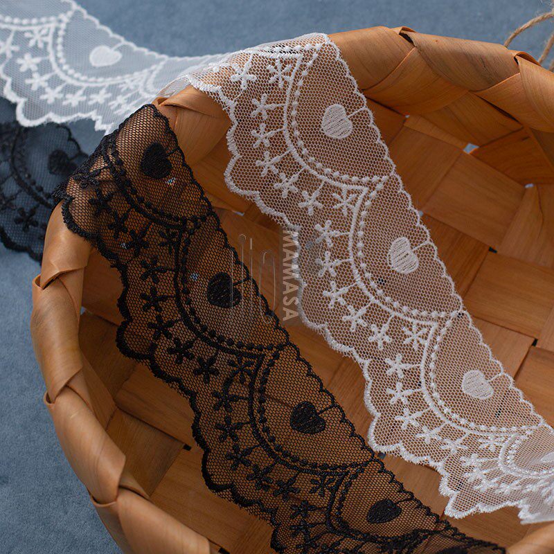 宽5.5cm黑白爱心锁边涤纶刺绣网纱花边 DIY手工直边单边蕾丝辅料