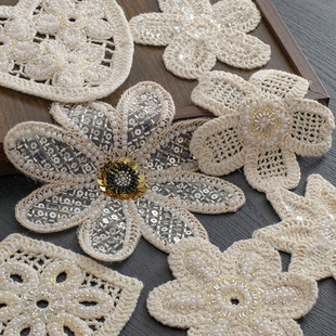 加厚毛线珍珠绣花布贴花朵 立体珍珠毛巾绣蕾丝布丁